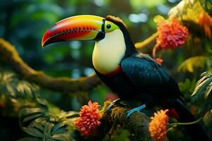 ai généré Quille facturé toucan perché sur une forêt branche dans Panama luxuriant verdure ai généré photo