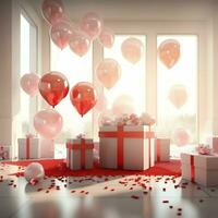 content la Saint-Valentin journée concept avec rouge cadeau boîte et cœur en forme de des ballons romantique bannière l'amour concept par ai généré photo