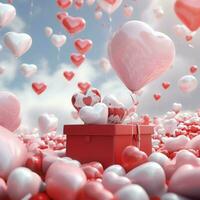 content la Saint-Valentin journée concept avec rouge cadeau boîte et cœur en forme de des ballons romantique bannière l'amour concept par ai généré photo