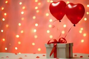 content la Saint-Valentin journée concept avec rouge cadeau boîte et cœur en forme de des ballons romantique bannière l'amour concept par ai généré photo