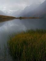 une petit Lac avec herbe et montagnes dans le Contexte photo