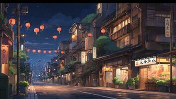 ai généré anime traditionnel ville. nuit vieux asiatique ville illustration avec rétro style photo