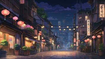 ai généré rétro asiatique ville rue à nuit illustration. vieux traditionnel ville avec anime style concept photo