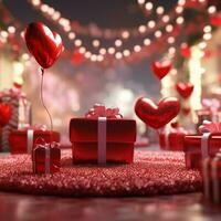 content la Saint-Valentin journée concept avec rouge cadeau boîte et cœur en forme de des ballons romantique bannière l'amour concept par ai généré photo