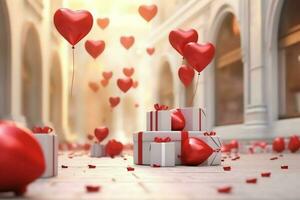 content la Saint-Valentin journée concept avec rouge cadeau boîte et cœur en forme de des ballons romantique bannière l'amour concept par ai généré photo