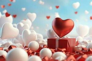 content la Saint-Valentin journée concept avec rouge cadeau boîte et cœur en forme de des ballons romantique bannière l'amour concept par ai généré photo