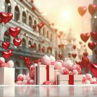 content la Saint-Valentin journée concept avec rouge cadeau boîte et cœur en forme de des ballons romantique bannière l'amour concept par ai généré photo