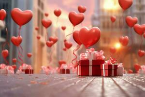 content la Saint-Valentin journée concept avec rouge cadeau boîte et cœur en forme de des ballons romantique bannière l'amour concept par ai généré photo