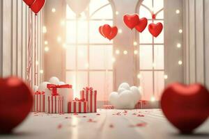 content la Saint-Valentin journée concept avec rouge cadeau boîte et cœur en forme de des ballons romantique bannière l'amour concept par ai généré photo