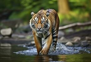 ai généré amour tigre en marchant dans le l'eau. dangereux animal. animal dans une vert forêt flux. génératif ai photo