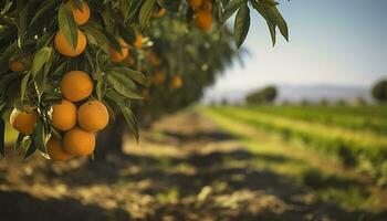 ai généré un Orange arbre est dans le premier plan avec une ferme champ Contexte. génératif ai photo