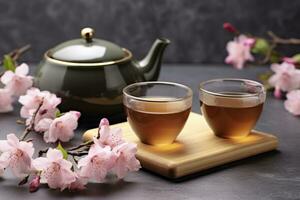 ai généré traditionnel cérémonie. tasses de brassée thé, théière et Sakura fleurs sur gris tableau. génératif ai photo