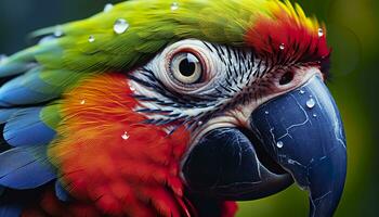 ai généré tropical ara perché, vibrant plumes dans se concentrer. génératif ai photo