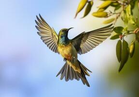 ai généré olive soutenu souimanga, Jaune ventre sunbird en volant dans le brillant ciel. génératif ai photo