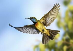 ai généré olive soutenu souimanga, Jaune ventre sunbird en volant dans le brillant ciel. génératif ai photo