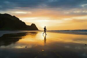 ai généré une la personne en marchant sur le plage à le coucher du soleil. ai généré. photo