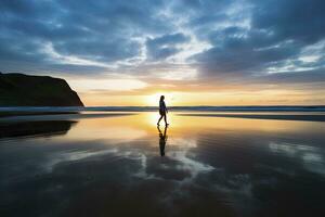 ai généré une la personne en marchant sur le plage à le coucher du soleil. ai généré. photo