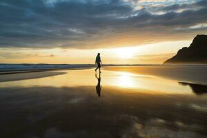 ai généré une la personne en marchant sur le plage à le coucher du soleil. ai généré. photo