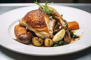 ai généré plaqué poulet rôti dîner sur une blanc assiette avec carotte et morille champignon. ai généré. photo