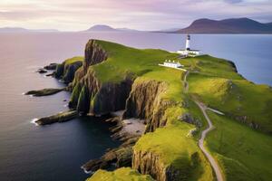 ai généré Skye île nid point phare dans montagnes. ai généré photo