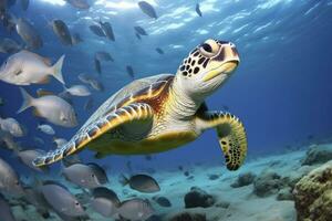 ai généré tortue fermer avec école de poisson. ai généré photo