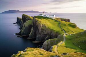 ai généré Skye île nid point phare dans montagnes. ai généré photo