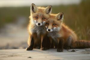 ai généré sauvage bébé rouge renards câlins à le plage. génératif ai photo