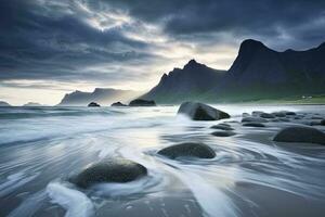 ai généré uttakleiv plage, avec spectaculaire montagnes et pics, ouvert mer et protégé baies, des plages et intacte terres. ai généré photo