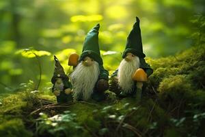 ai généré jouet irlandais gnomes dans une mystère forêt, abstrait vert Naturel Contexte. génératif ai photo