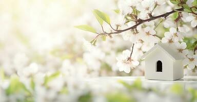 ai généré jouet maison et Cerise fleurs, printemps abstrait Naturel Contexte. génératif ai photo