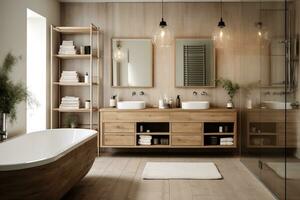 ai généré d'inspiration scandinave salle de bains, chaud simplicité et Naturel éléments, neutre Couleur schème avec chaud bois tons photo