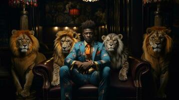 ai généré à la mode noir homme dans bleu costume vêtements asseoir dans fauteuil avec les Lions. photo