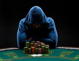 portrait de une professionnel poker joueur séance à tisonniers table photo