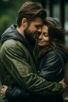 ai généré couple partage une aimant embrasse dans le pluie en plein air photo
