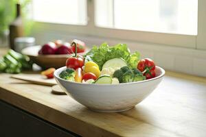 ai généré cuisine encore la vie avec blanc bol de lavé des légumes sur en bois bureau. ai généré photo