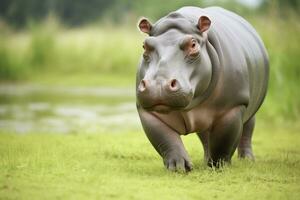 ai généré hippopotame en marchant dans une vert champ. ai généré photo