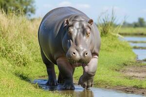 ai généré hippopotame en marchant dans une vert champ. ai généré photo