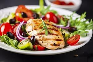 ai généré grillé poulet Sein avec tomates, rouge poivre, biologique vert et kalamata Olives. ai généré photo