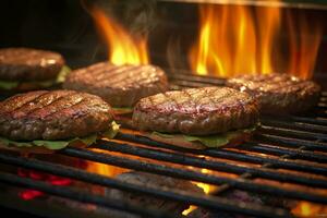 ai généré hamburgers sur le gril. ai généré photo