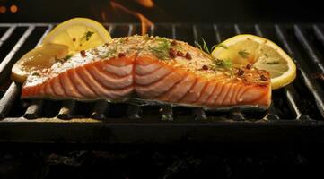 ai généré gourmet escalope de Frais Saumon chevronné avec herbes, épices, et citron zeste grillage sur une plaque. ai généré. photo