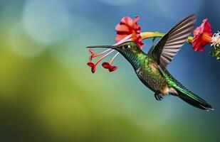 ai généré colibri oiseau en volant suivant à une magnifique rouge fleur avec pluie. ai généré photo