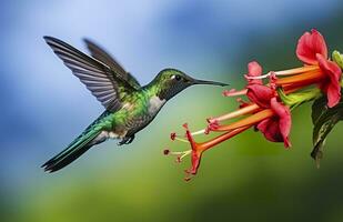 ai généré colibri oiseau en volant suivant à une magnifique rouge fleur avec pluie. ai généré photo