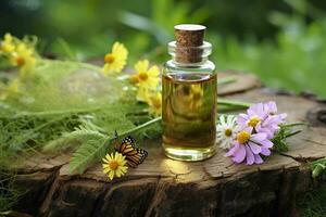 ai généré verre bouteille de à base de plantes essentiel extrait, papillon, et fleurs sauvages sur une arbre souche. ai généré photo