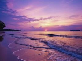 ai généré été plage avec bleu l'eau et violet ciel à le le coucher du soleil. ai généré. photo