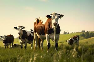 ai généré groupe de vaches permanent dans une herbeux champ. ai généré photo