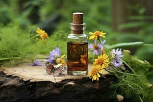 ai généré verre bouteille de à base de plantes essentiel extrait, papillon, et fleurs sauvages sur une arbre souche. ai généré photo