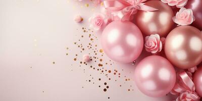 ai généré anniversaire fête rose et or plat composition, petits gâteaux, des ballons, confettis, bannière concept carte cadeau, copie espace, rose Contexte photo