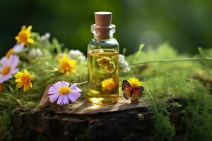 ai généré verre bouteille de à base de plantes essentiel extrait, papillon, et fleurs sauvages sur une arbre souche. ai généré photo