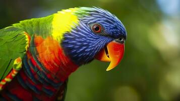 ai généré côté vue fermer de magnifique et coloré Lorikeet vert nuque oiseau. génératif ai photo