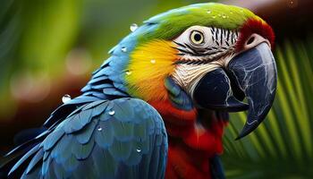 ai généré tropical ara perché, vibrant plumes dans se concentrer. génératif ai photo